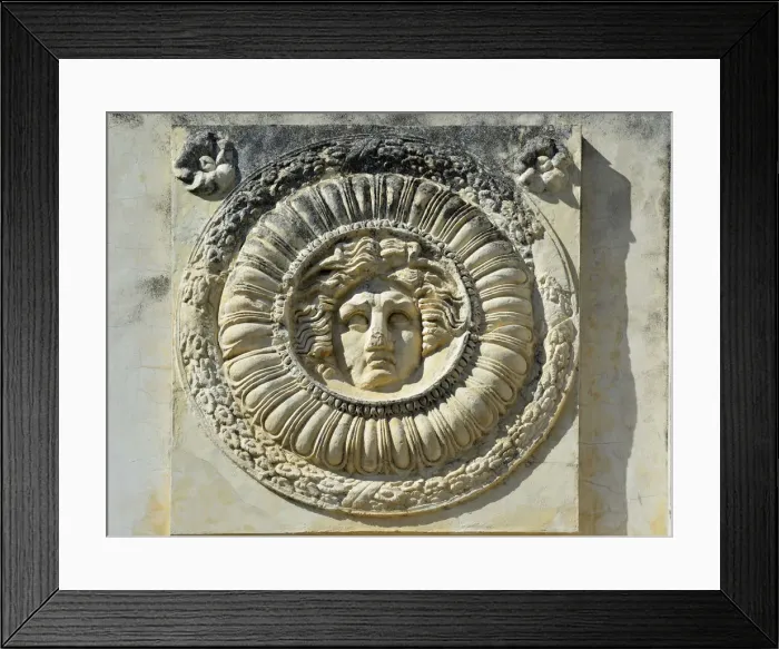 Framed Print : Detail of the Portico of the Roman Forum in Merida depicting Medusa. Spain Framed Print : Detail of the Portico of the Roman Forum in Merida depicting Medusa. Spain