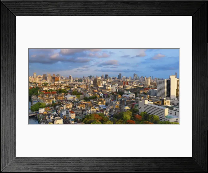 Framed Print : Thailand, Bangkok, Panoramic Overview of city skyline at sunset