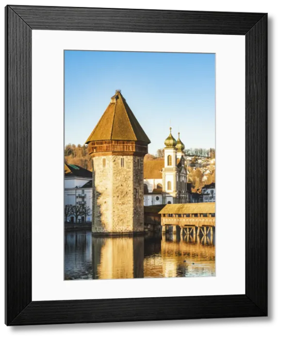Framed Print : Lucerne, Switzerland. Chapel Bridges (KapellbrAocke) water tower and Jesuit church Framed Print : Lucerne, Switzerland. Chapel Bridges (KapellbrAocke) water tower and Jesuit church