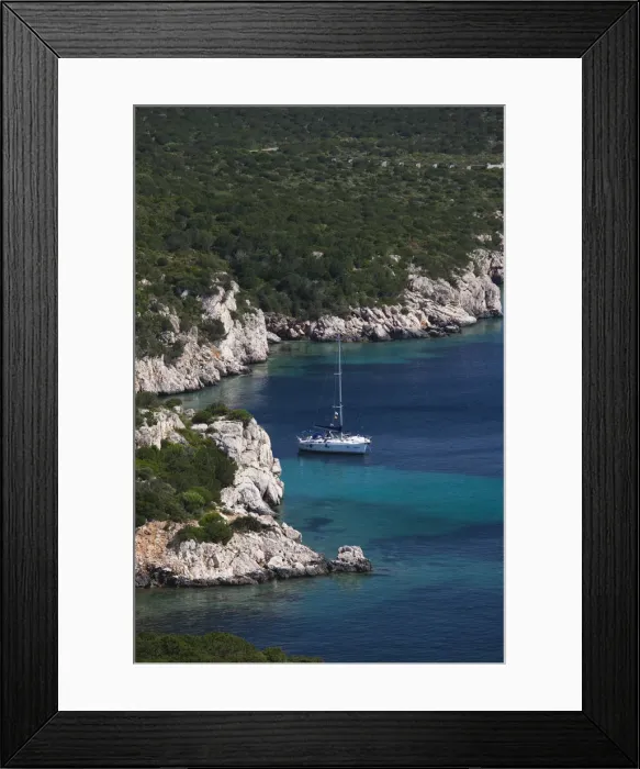 Framed Print : Italy, Sardinia, Western Sardinia, Alghero, Capo Caccia cape, seascape with yacht Framed Print : Italy, Sardinia, Western Sardinia, Alghero, Capo Caccia cape, seascape with yacht