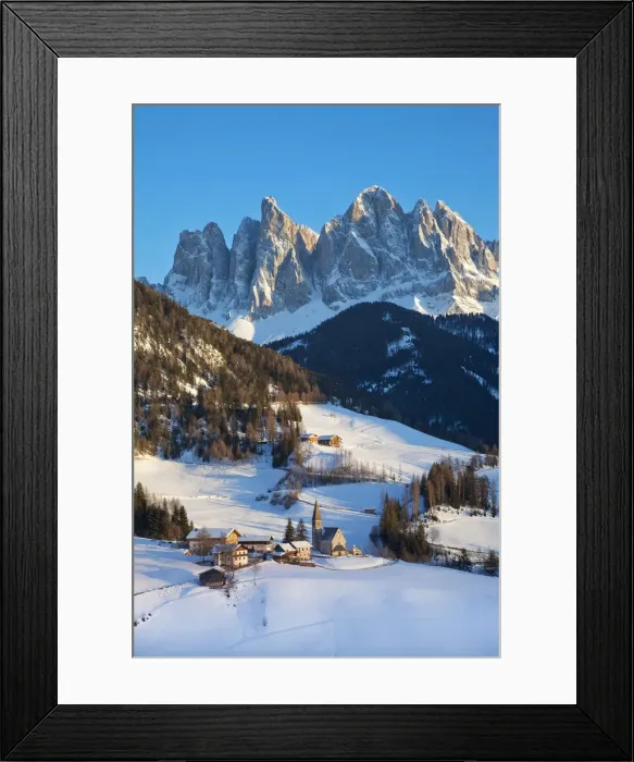 Framed Print : Winter landscape of St. Magdalena village and church, Geisler Spitzen (3060m), Val Framed Print : Winter landscape of St. Magdalena village and church, Geisler Spitzen (3060m), Val