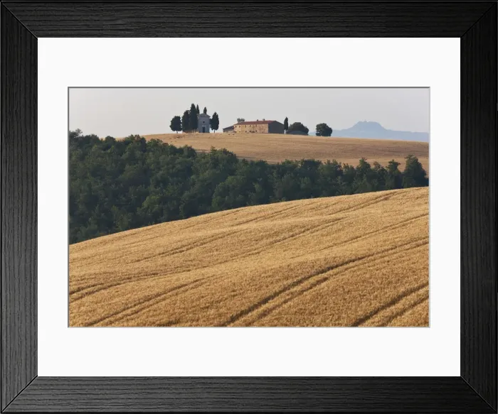 Framed Print : Farm and chapel above a field of barley, Val d Orcia, Tuscany, Italy Framed Print : Farm and chapel above a field of barley, Val d Orcia, Tuscany, Italy