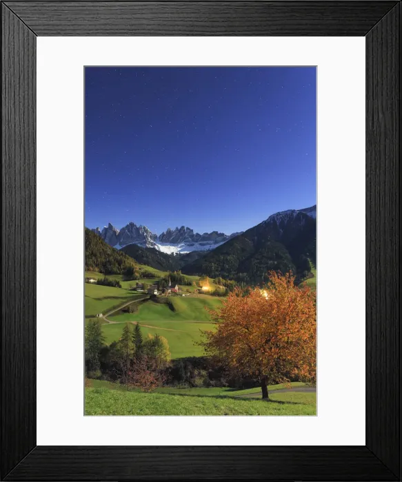 Framed Print : Italy, Trentino Alto Adige, South Tyrol Region, Night view of Val di Funes and Santa Framed Print : Italy, Trentino Alto Adige, South Tyrol Region, Night view of Val di Funes and Santa