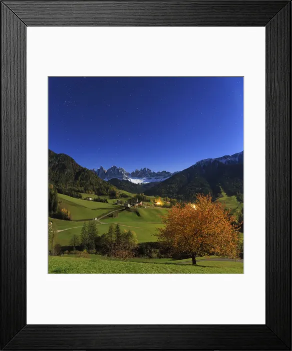 Framed Print : Italy, Trentino Alto Adige, South Tyrol Region, Night view of Val di Funes and Santa Framed Print : Italy, Trentino Alto Adige, South Tyrol Region, Night view of Val di Funes and Santa