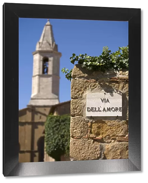 Street Sign & Church, Pienza, Tuscany, Italy