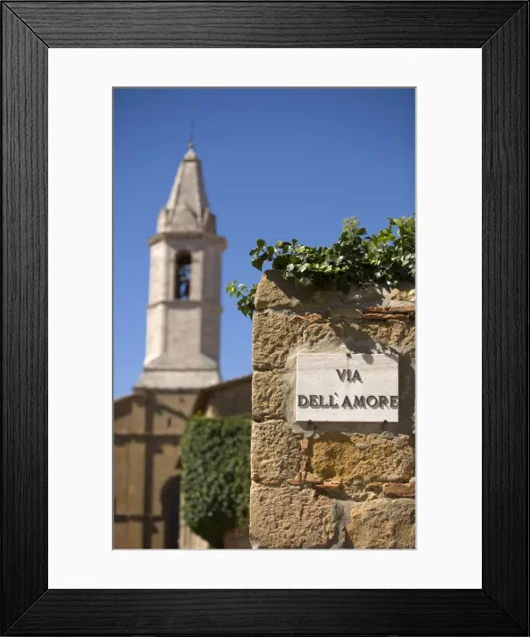 Framed Print : Street Sign & Church, Pienza, Tuscany, Italy Framed Print : Street Sign & Church, Pienza, Tuscany, Italy