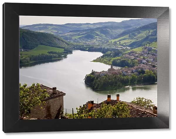 View over lake from Sassocorvaro village to Mercatale village, Marche, Italy