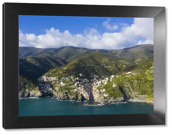 Italy, Liguria, Riomaggiore. Aerial view of one of the five famous villages of the
