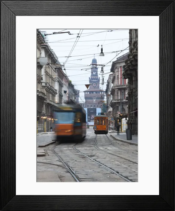 Framed Print : Italy, Lombardy, Milan, Milan trams on Via Orefici with Castello Sforzesco, dawn Framed Print : Italy, Lombardy, Milan, Milan trams on Via Orefici with Castello Sforzesco, dawn