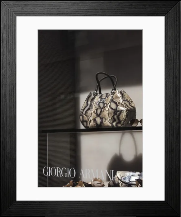 Framed Print : Italy, Lombardy, Milan, Monte Napoleone fashion designer area, Giorgio Armani handbags Framed Print : Italy, Lombardy, Milan, Monte Napoleone fashion designer area, Giorgio Armani handbags