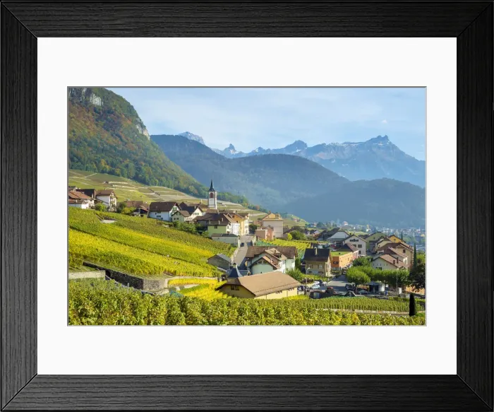 Framed Print : Small town of Yvorne surrounded by vineyards, Vaud Canton, Switzerland Framed Print : Small town of Yvorne surrounded by vineyards, Vaud Canton, Switzerland