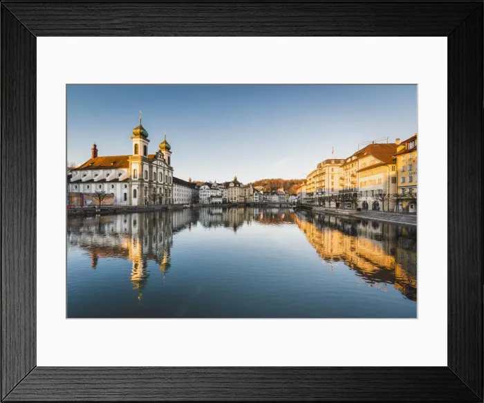 Framed Print : Lucerne, Switzerland. Jesuit church and Reuss rivers waterfront at sunrise Framed Print : Lucerne, Switzerland. Jesuit church and Reuss rivers waterfront at sunrise