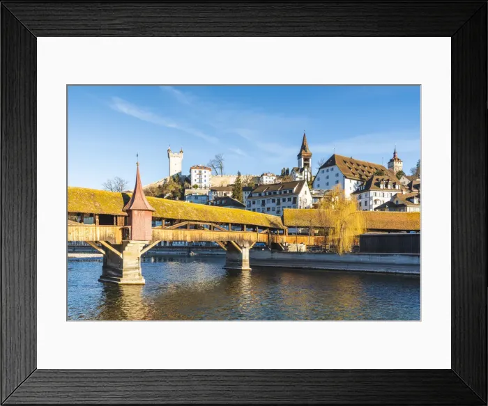 Framed Print : Lucerne, Switzerland. Old wooden bridge over Reuss river and fortified walls Framed Print : Lucerne, Switzerland. Old wooden bridge over Reuss river and fortified walls