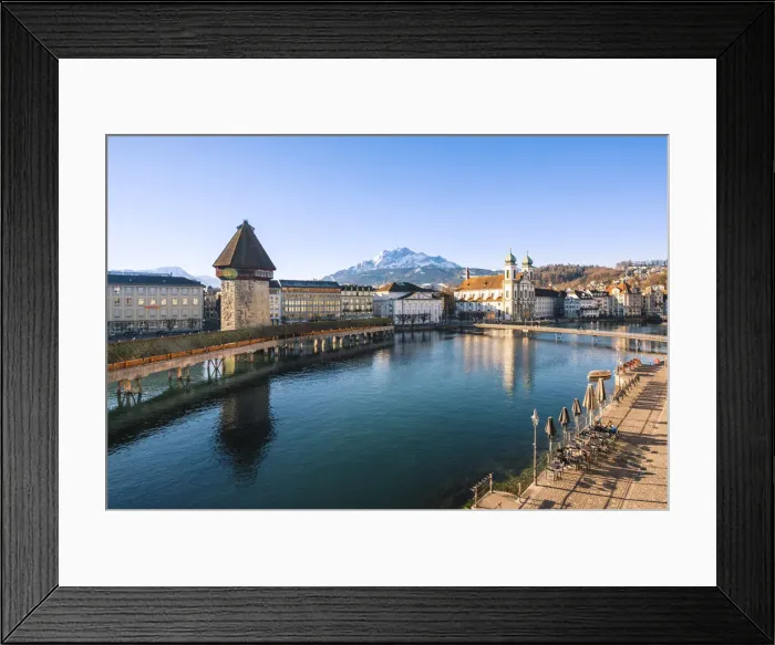 Framed Print : Lucerne, Switzerland. Reuss river view with KapellbrAocke (Chapel Bridge), Jesuit church