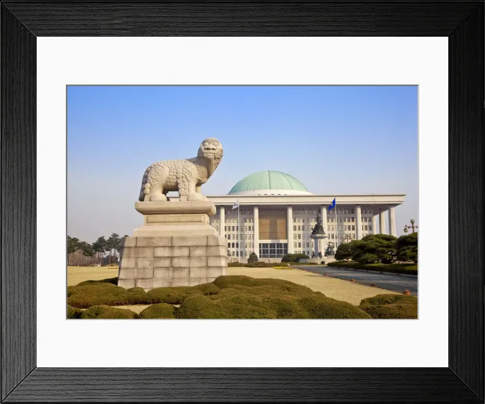 Framed Print : Korea, Seoul, Yeouido, Statue of stone lion, National Assembly building