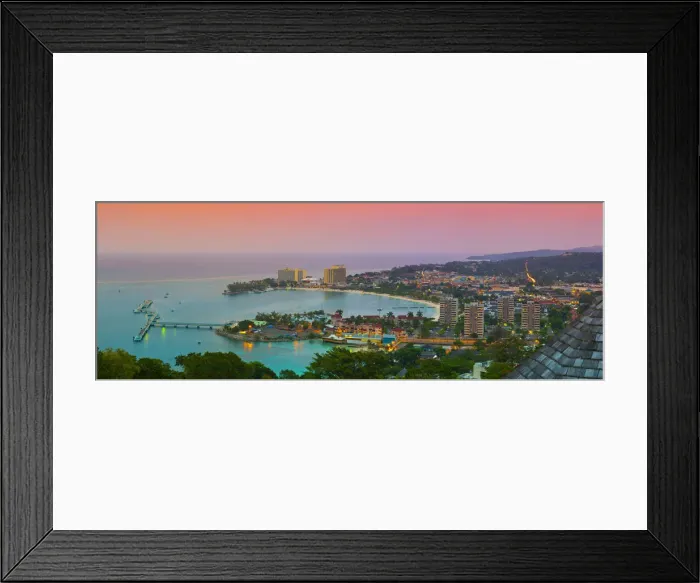 Framed Print : Elevated view over city & coastline illuminated at sunset, Ocho Rios, St. Ann Parish Framed Print : Elevated view over city & coastline illuminated at sunset, Ocho Rios, St. Ann Parish