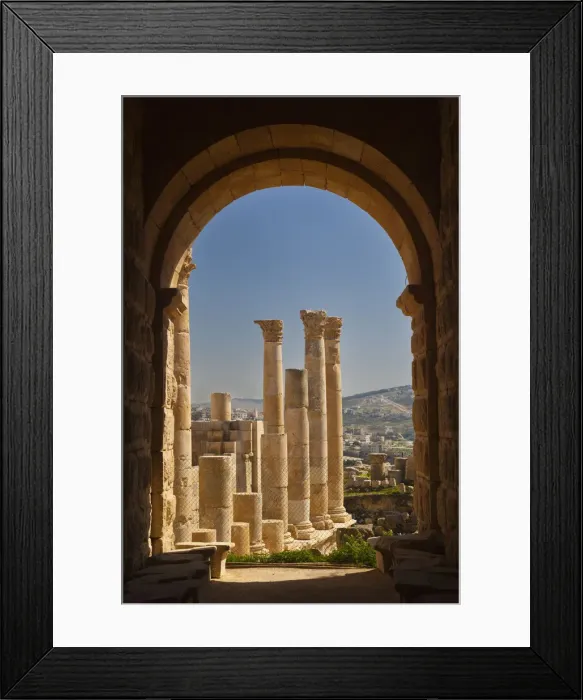 Framed Print : Jordan, Jerash, overview of Roman-era city ruins, columns Framed Print : Jordan, Jerash, overview of Roman-era city ruins, columns