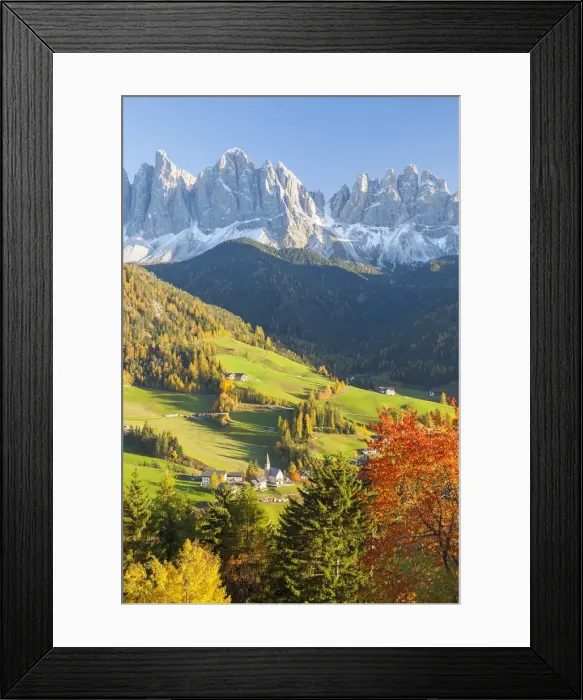 Framed Print : Autumn, St. Magdalena village, Geisler Spitzen (3060m), Val di Funes, Dolomites mountains Framed Print : Autumn, St. Magdalena village, Geisler Spitzen (3060m), Val di Funes, Dolomites mountains