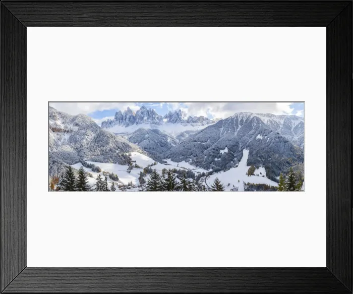 Framed Print : Winter snow, St. Magdalena village, Geisler Spitzen (3060m), Val di Funes, Dolomites