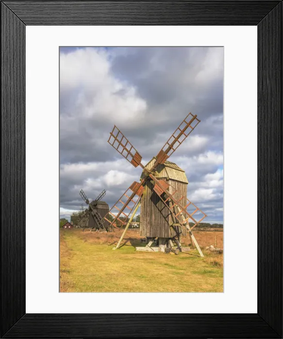 Framed Print : Oland, Eastern Sweden, Northern Europe. Typical windmills along the road Framed Print : Oland, Eastern Sweden, Northern Europe. Typical windmills along the road