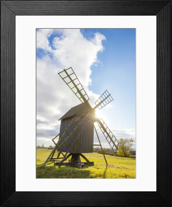 Framed Print : Oland, Eastern Sweden, Northern Europe. Typical windmills along the road