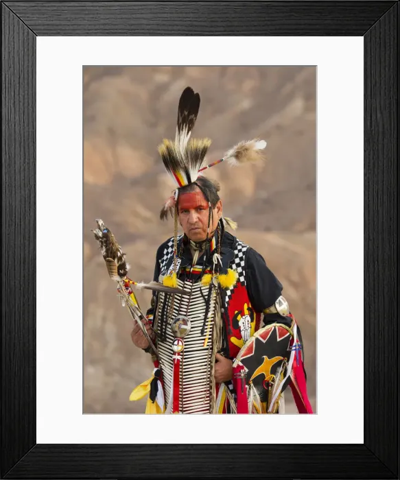 Framed Print : USA, California, Lakota indian Jim Yellowhawk standin in full regalia at Zabriskie Framed Print : USA, California, Lakota indian Jim Yellowhawk standin in full regalia at Zabriskie