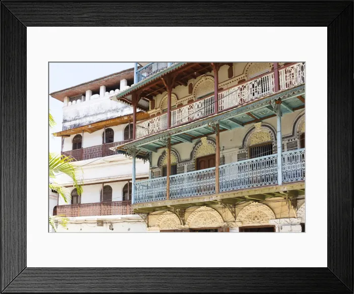 Framed Print : Ornate balconies on restored buildings in old Stone Town, Zanzibar, Tanzania Framed Print : Ornate balconies on restored buildings in old Stone Town, Zanzibar, Tanzania