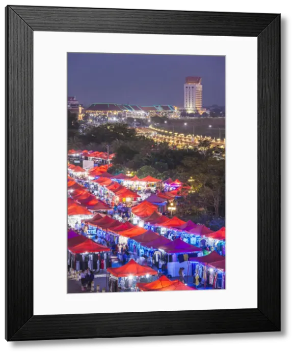 Framed Print : Laos, Vientiane, Mekong Riverfront Night Market, high angle view, dusk Framed Print : Laos, Vientiane, Mekong Riverfront Night Market, high angle view, dusk