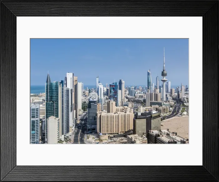 Framed Print : Kuwait, Kuwait City, Elevated view of the modern city skyline and central business Framed Print : Kuwait, Kuwait City, Elevated view of the modern city skyline and central business