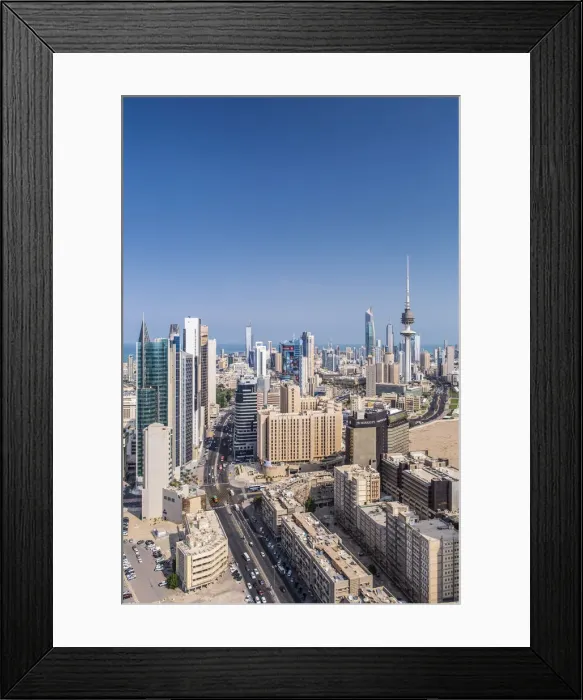 Framed Print : Kuwait, Kuwait City, Elevated view of the modern city skyline and central business