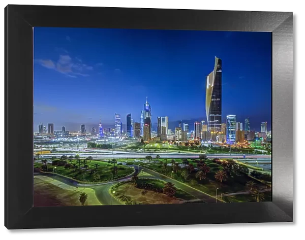 Kuwait, Kuwait City, Elevated view of the modern city skyline and central business