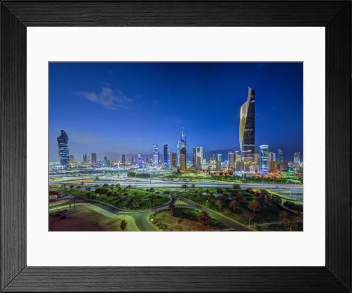 Framed Print : Kuwait, Kuwait City, Elevated view of the modern city skyline and central business Framed Print : Kuwait, Kuwait City, Elevated view of the modern city skyline and central business