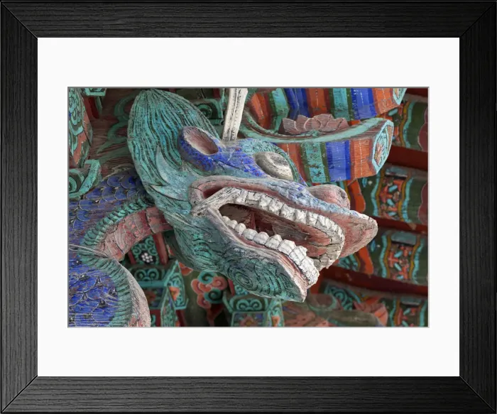 Framed Print : Korea, Gyeongsangbuk-do, Gyeongju, Bulguksa Temple, Wooden carving of dragon head Framed Print : Korea, Gyeongsangbuk-do, Gyeongju, Bulguksa Temple, Wooden carving of dragon head
