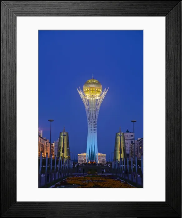 Framed Print : Kazakhstan, Astana, Nurzhol Bulvar - Bayterek Tower and the twin golden conical business Framed Print : Kazakhstan, Astana, Nurzhol Bulvar - Bayterek Tower and the twin golden conical business