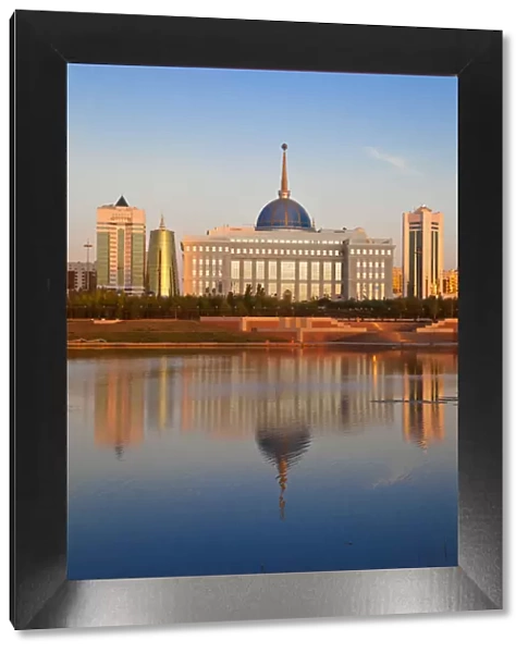 Kazakhstan, Astana, City skyline reflecting in Isahim River