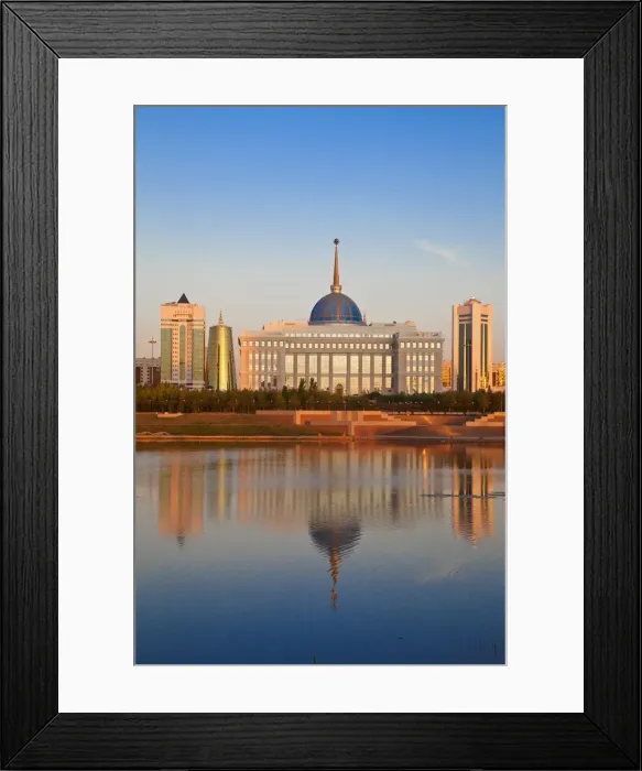 Framed Print : Kazakhstan, Astana, City skyline reflecting in Isahim River Framed Print : Kazakhstan, Astana, City skyline reflecting in Isahim River