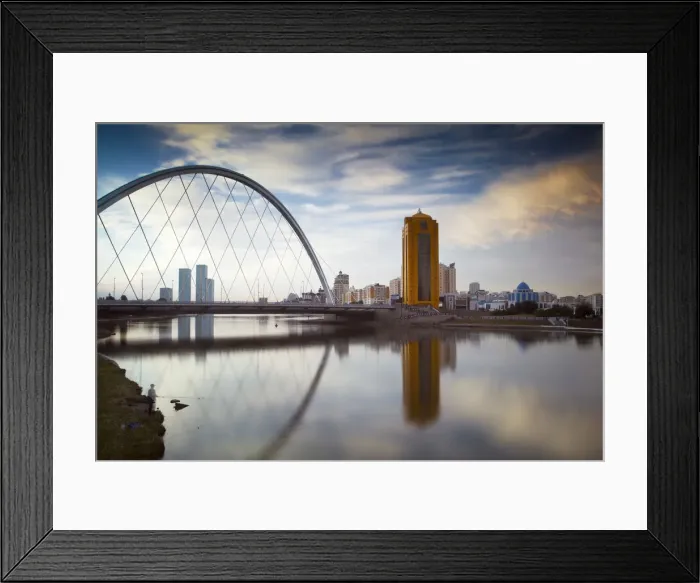 Framed Print : Kazakhstan, Astana, Man fishing by Bridge reflecting in Ishim River Framed Print : Kazakhstan, Astana, Man fishing by Bridge reflecting in Ishim River