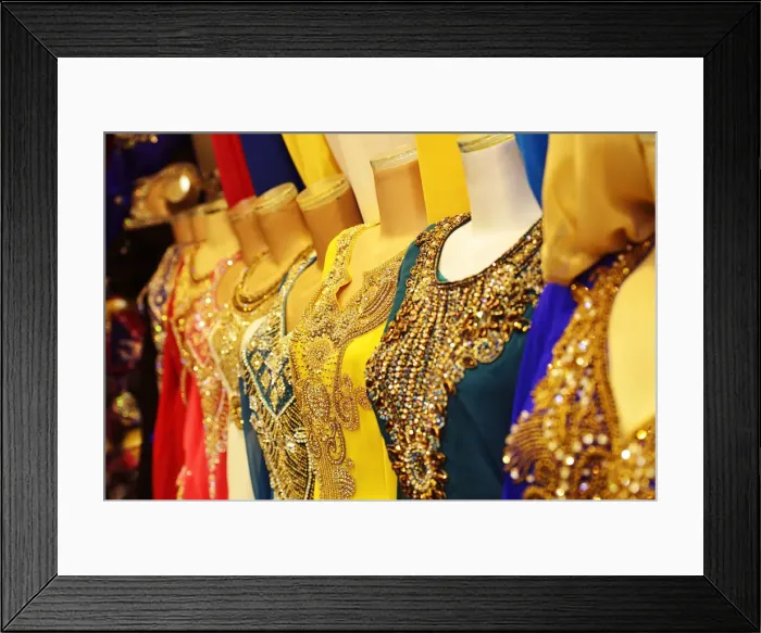 Framed Print : Beaded womens dresses on sale at the Dubai Souk, Deira, Dubai, United Arab