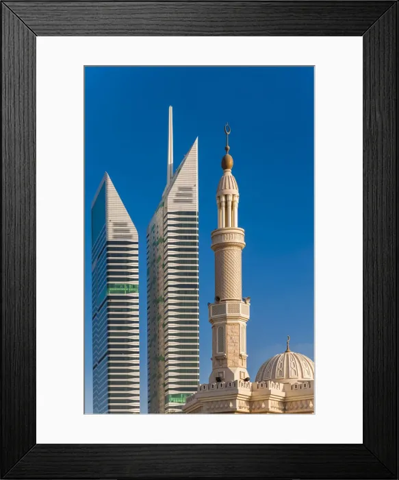 Framed Print : Mosque minaret with skyscrapers in the background, Dubai, United Arab Emirates