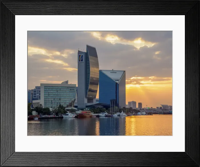 Framed Print : View over Dubai Creek towards Deira at sunrise, Dubai, United Arab Emirates Framed Print : View over Dubai Creek towards Deira at sunrise, Dubai, United Arab Emirates