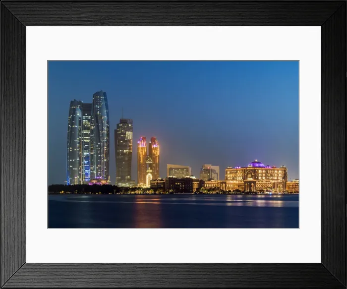 Framed Print : CIty skyline at twilight with Etihad Towers and Emirates Palace Hotel, Abu Dhabi