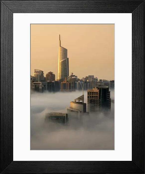 Framed Print : Foggy sunrise with Dubai Marins skyscrapers towering over the low clouds, Dubai Framed Print : Foggy sunrise with Dubai Marins skyscrapers towering over the low clouds, Dubai