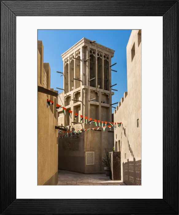 Framed Print : Windtower or windcatcher in the historic district of Al Bastakiya, Dubai, United Arab Framed Print : Windtower or windcatcher in the historic district of Al Bastakiya, Dubai, United Arab