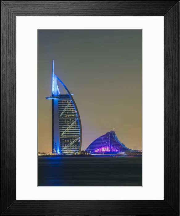 Framed Print : Night view of Burj al Arab and Jumeirah Beach Hotel, Dubai, United Arab Emirates Framed Print : Night view of Burj al Arab and Jumeirah Beach Hotel, Dubai, United Arab Emirates