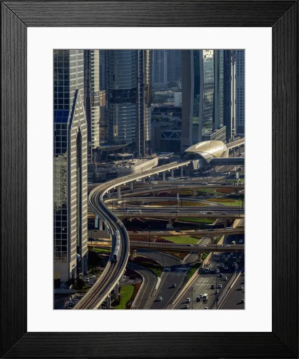 Framed Print : Sheikh Zayed Road and Metro Line, Dubai International Financial Centre, elevated view Framed Print : Sheikh Zayed Road and Metro Line, Dubai International Financial Centre, elevated view