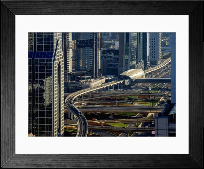 Framed Print : Sheikh Zayed Road and Metro Line, Dubai International Financial Centre, elevated view Framed Print : Sheikh Zayed Road and Metro Line, Dubai International Financial Centre, elevated view