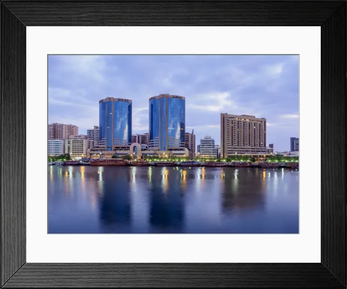Framed Print : View over Dubai Creek towards Deira at dawn, Dubai, United Arab Emirates Framed Print : View over Dubai Creek towards Deira at dawn, Dubai, United Arab Emirates