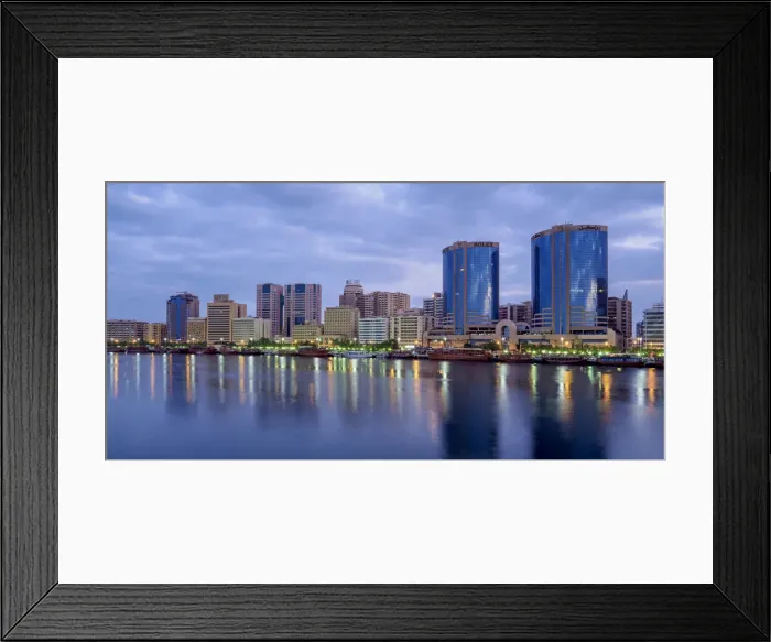 Framed Print : View over Dubai Creek towards Deira at dawn, Dubai, United Arab Emirates Framed Print : View over Dubai Creek towards Deira at dawn, Dubai, United Arab Emirates