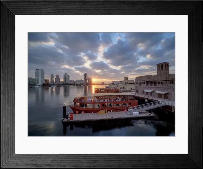 Framed Print : Al Bastakiya Historical Neighbourhood and Dubai Creek at sunrise, Dubai, United Arab Framed Print : Al Bastakiya Historical Neighbourhood and Dubai Creek at sunrise, Dubai, United Arab