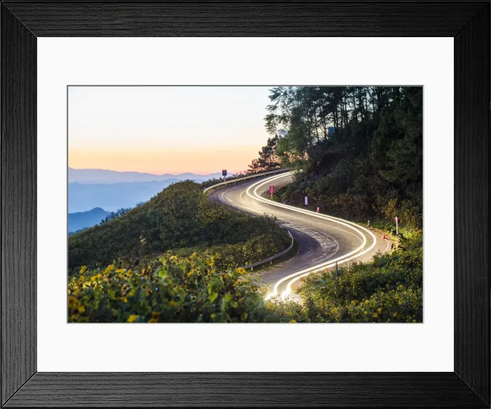 Framed Print : Mae Hong Son, Thailand. Mountain road through the mexican sunflowers fields Framed Print : Mae Hong Son, Thailand. Mountain road through the mexican sunflowers fields